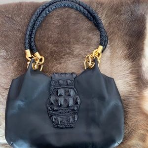 Genuine crocodile and leather black shoulder bag.